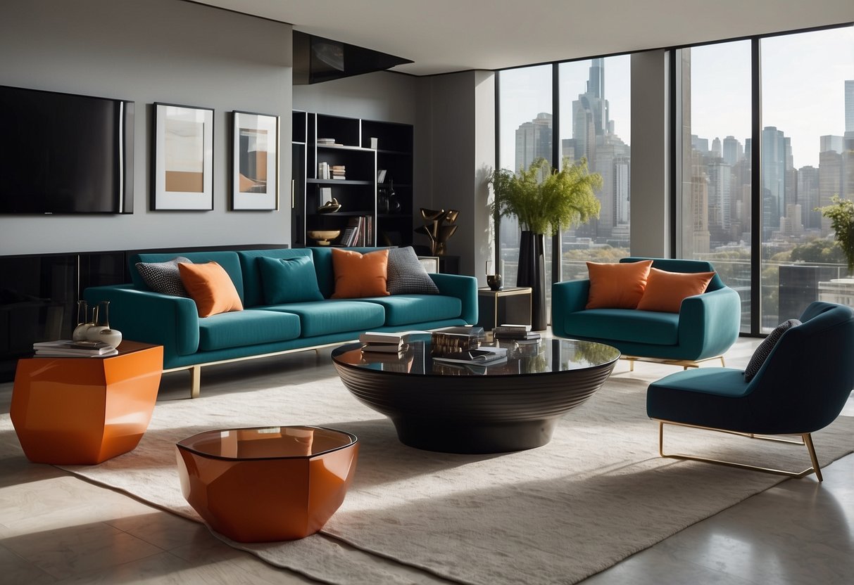 A modern living room with sleek, geometric Pierre Cardin furniture. Clean lines, bold colors, and futuristic shapes create a dynamic and sophisticated space