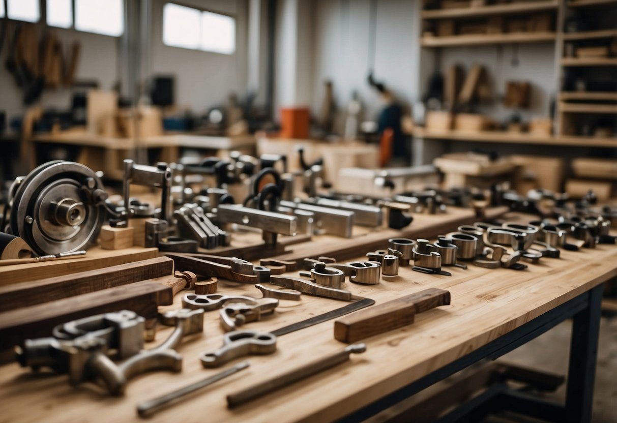 A workshop filled with tools, wood, and custom furniture pieces in various stages of completion. The makers are focused and meticulous, crafting unique and personalized pieces for their clients