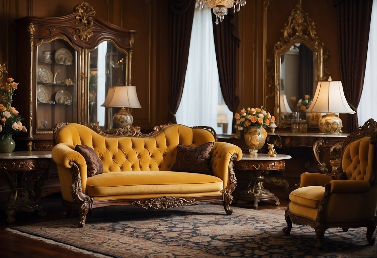 A room with ornate claw foot furniture, rich colors, and intricate patterns