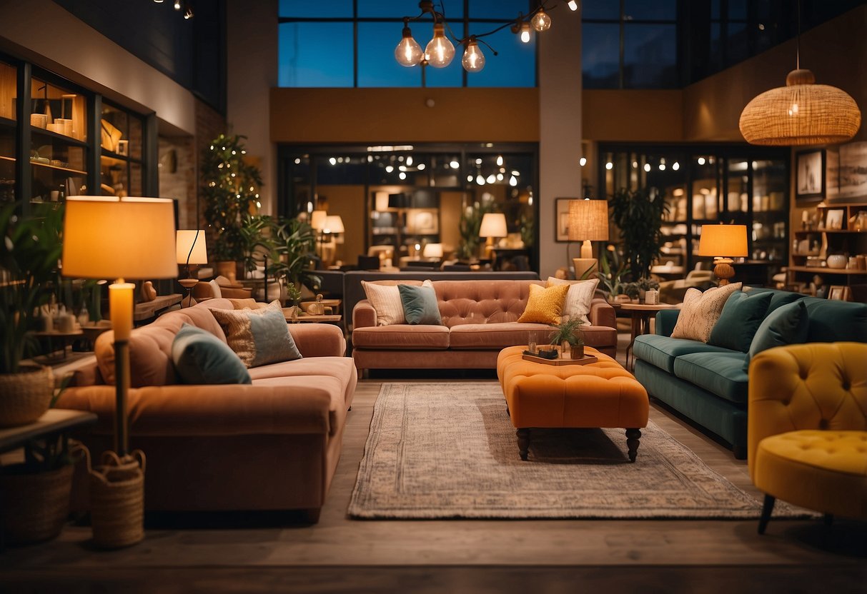 A cozy, colorful furniture store with unique, handcrafted pieces displayed in an inviting layout. Warm lighting and cheerful decor create a welcoming atmosphere