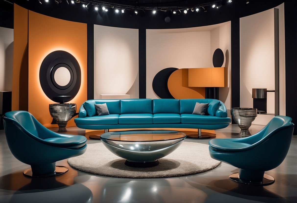 Pierre Cardin's iconic furniture pieces arranged in a modern showroom, showcasing sleek lines, bold colors, and futuristic designs