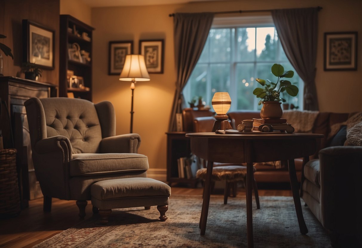 A vintage claw foot chair and table sit in a cozy living room, surrounded by curious onlookers
