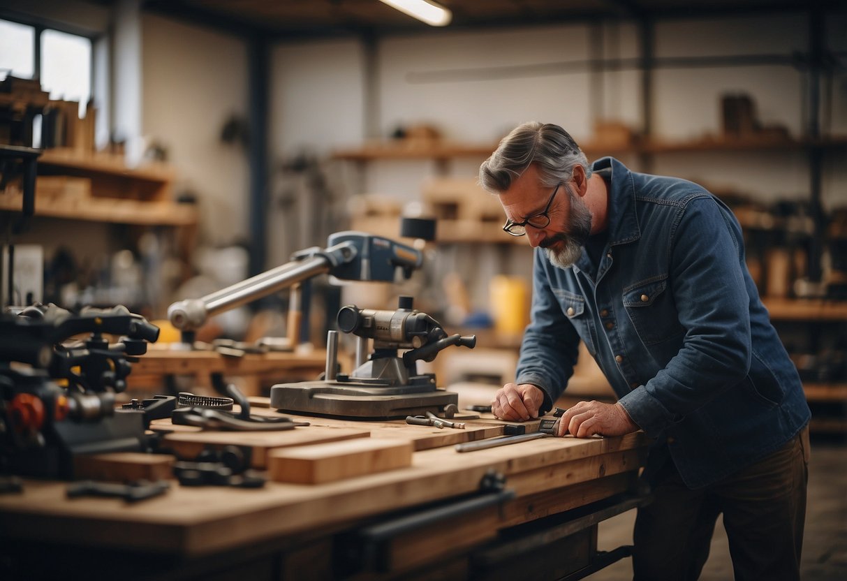 A workshop filled with tools and materials, with a custom furniture maker answering questions from customers