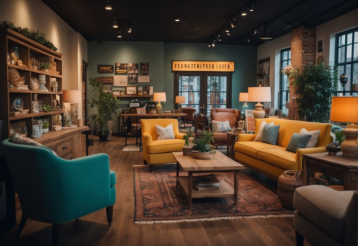A cozy, inviting furniture store with colorful displays, friendly staff, and a sign that reads "Frequently Asked Questions" in cute, playful font
