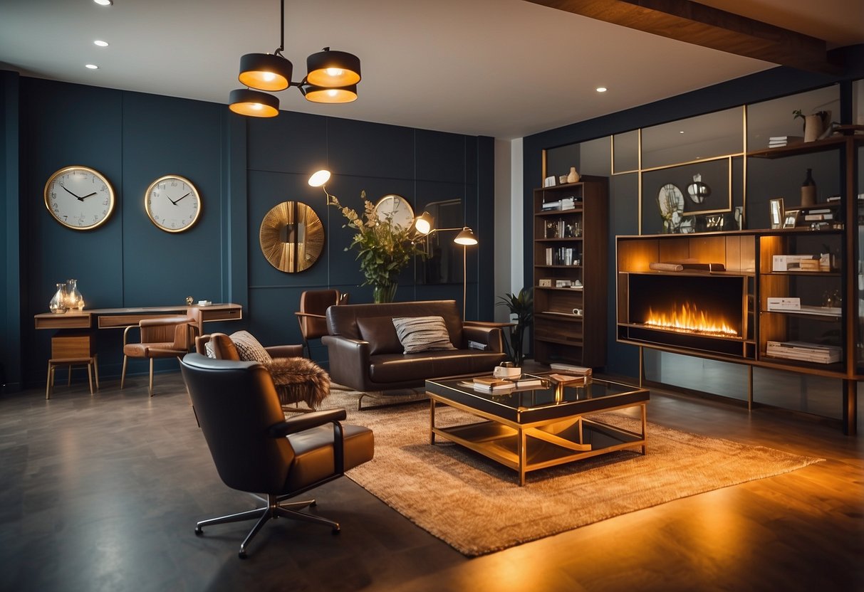 A room with various furniture and furnishings labeled with fire safety regulations signage