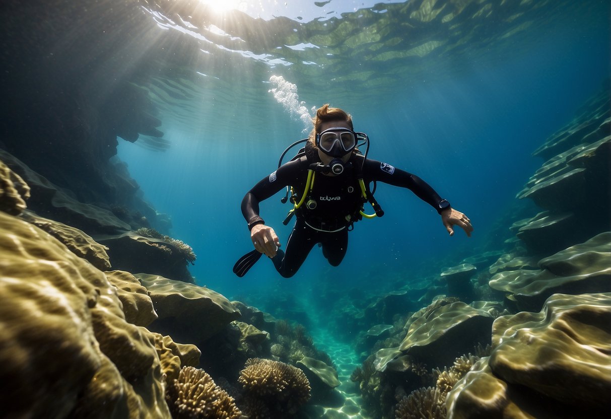 A diver glides effortlessly through crystal-clear water, executing precise movements with perfect form. Bubbles trail behind as they gracefully navigate through the depths, showcasing impeccable technique