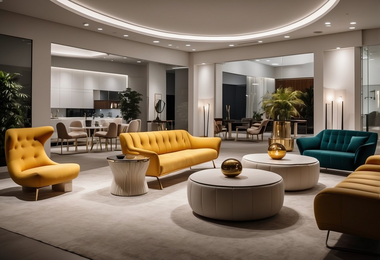 A sleek, modern showroom with Pierre Cardin furniture displayed in organized rows under bright, focused lighting