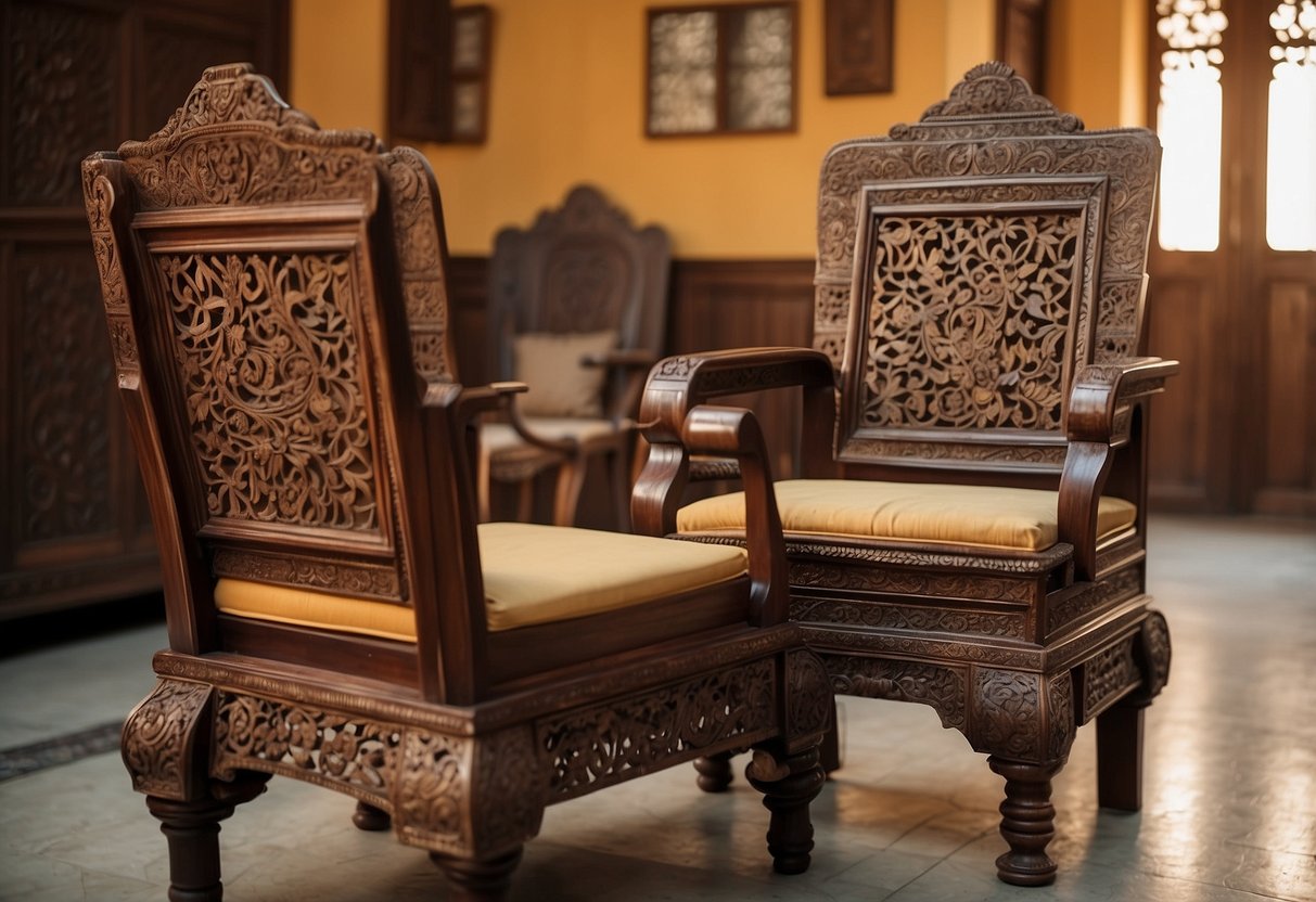 A room filled with intricately carved wooden furniture from Chiniot, Pakistan. Rich colors and detailed designs adorn the chairs, tables, and cabinets