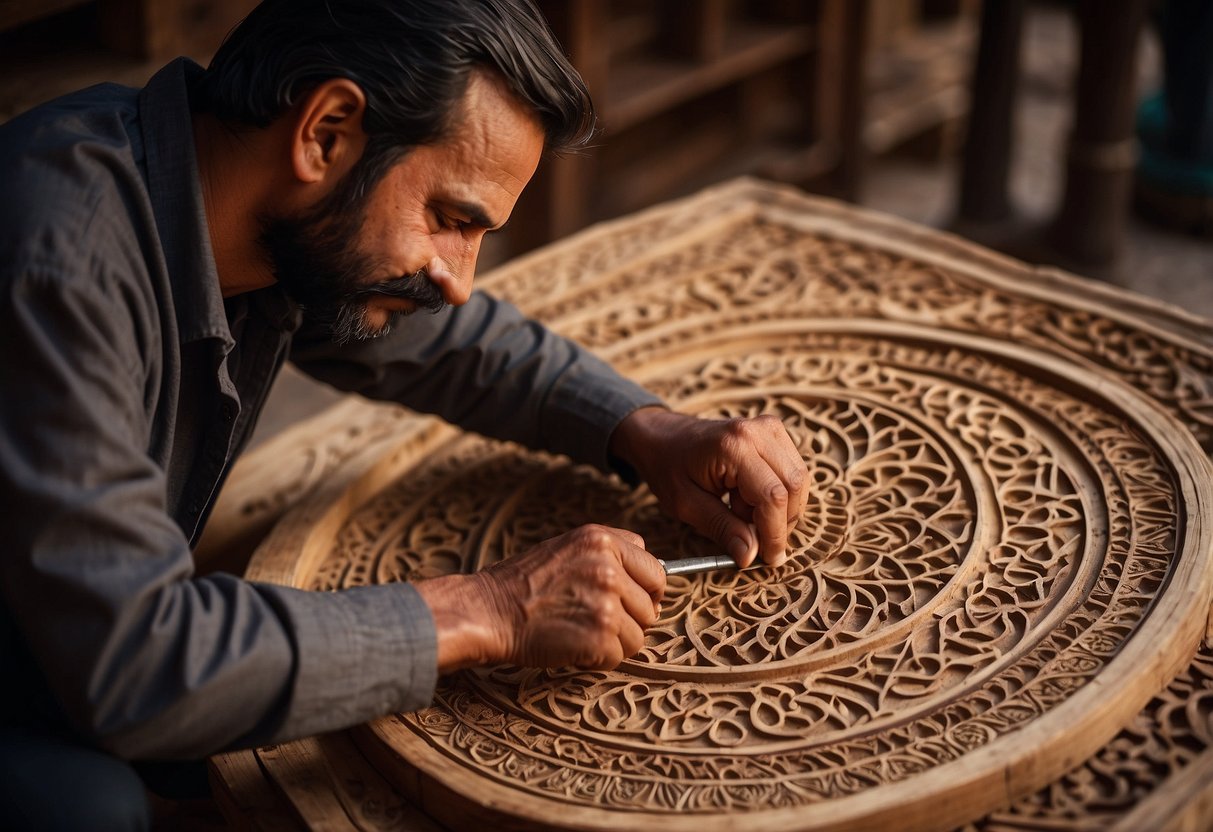 Skilled artisans carving intricate designs on wooden furniture in Chiniot, Pakistan. Rich cultural heritage reflected in every detail