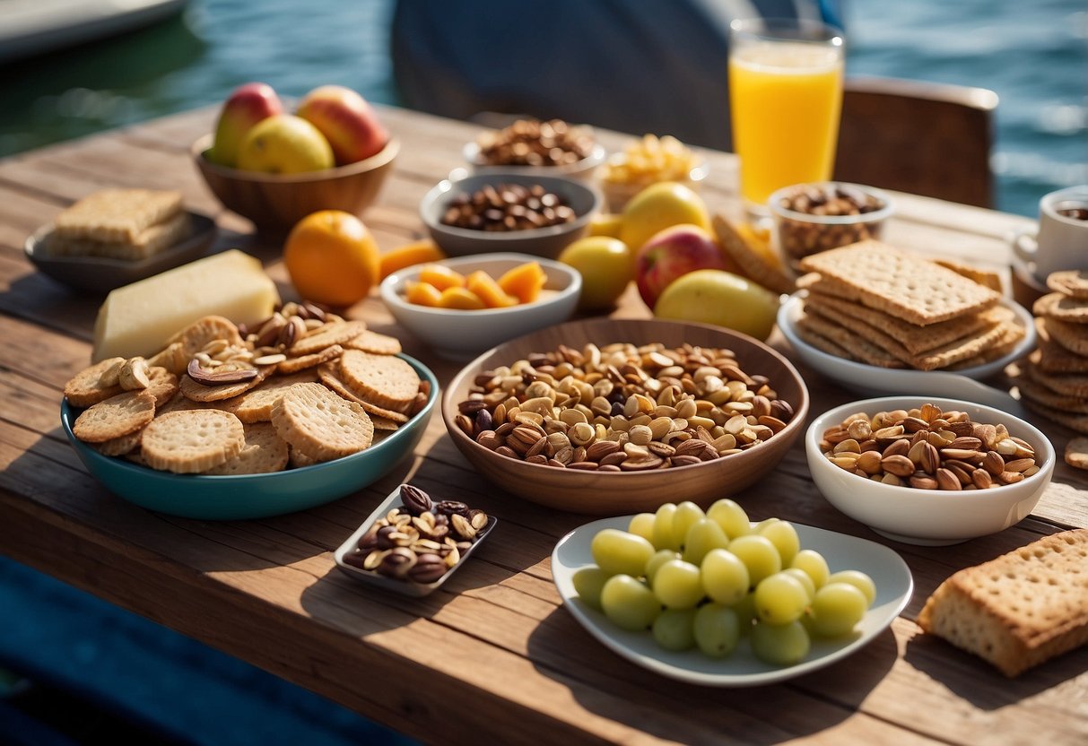 A table with 10 different snacks: fruit, nuts, granola bars, sandwiches, and crackers. Diving gear and a boat in the background