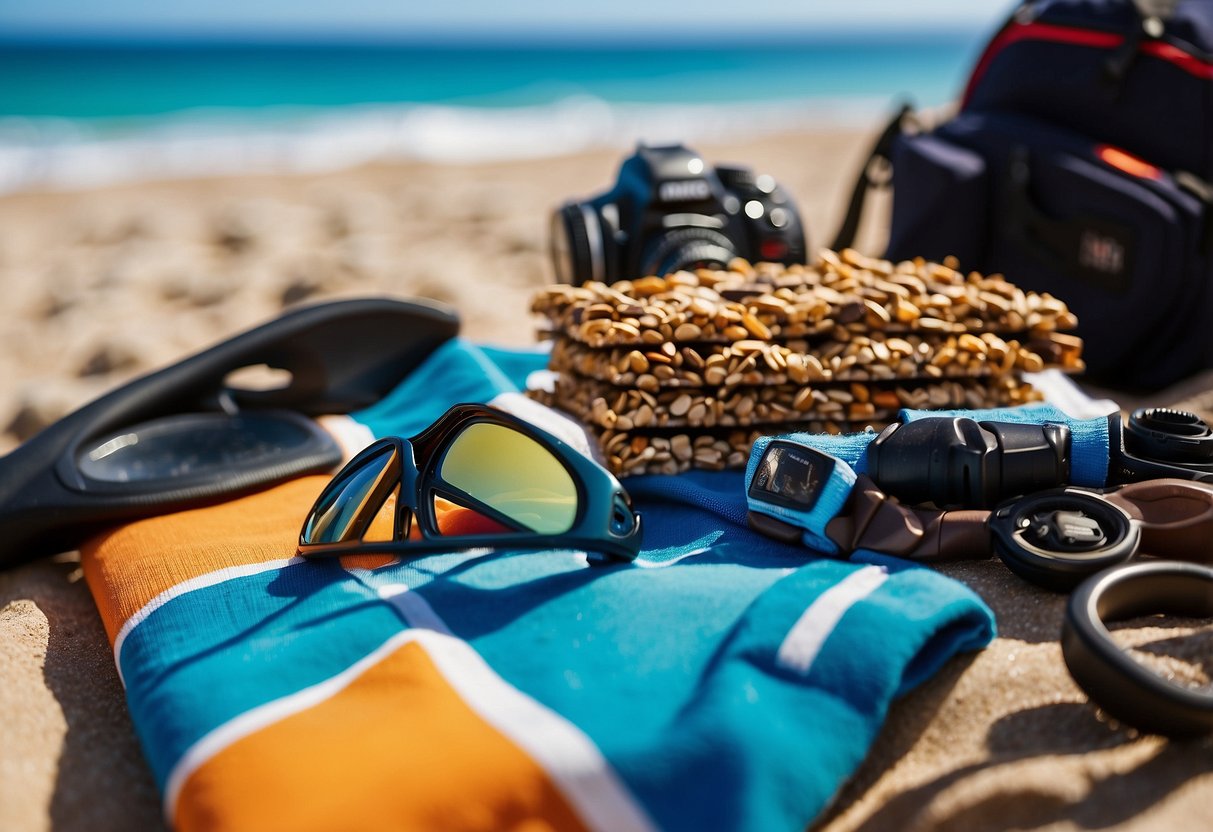 A colorful array of Kind Bars arranged on a beach towel next to diving gear and a snorkel, with a clear blue ocean in the background