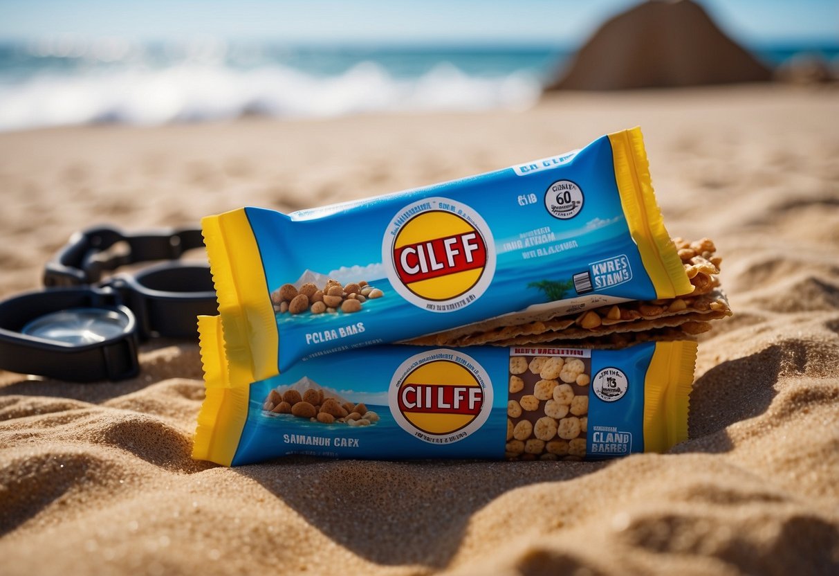 A colorful array of Clif Bars arranged on a sandy beach with diving gear in the background. Blue ocean waves and a bright sun overhead complete the scene