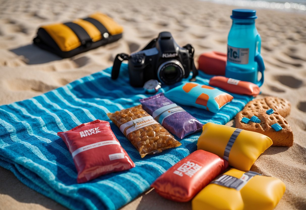 A colorful array of RXBAR snacks arranged on a beach towel beside diving gear and a pair of flippers, with a clear blue ocean in the background