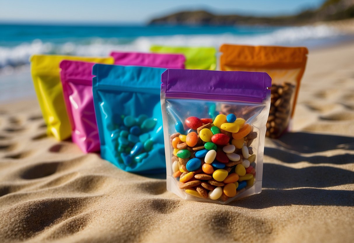 A colorful assortment of trail mix pouches arranged on a sandy beach, with diving gear and a clear blue ocean in the background