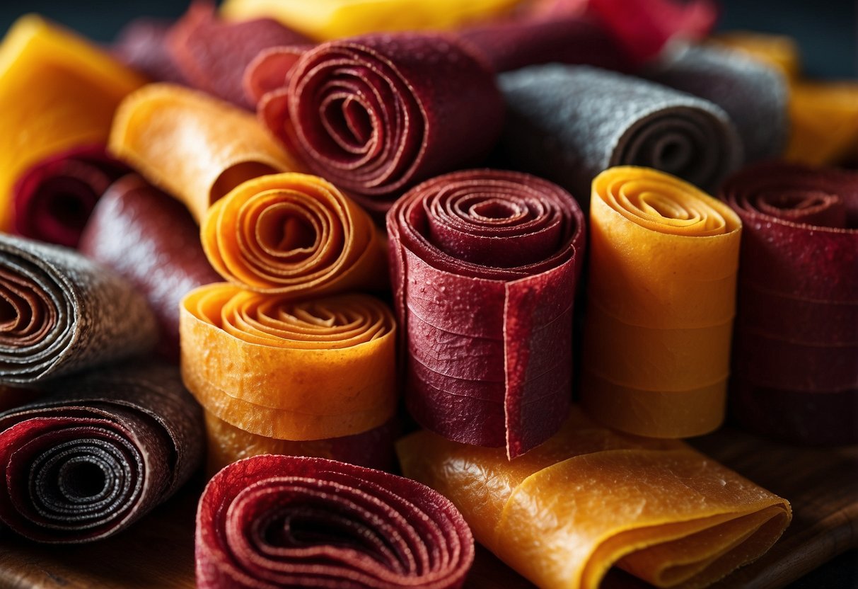 A colorful assortment of fruit leather strips arranged in a neat stack, with vibrant flavors and patterns, ready to be packed for a diving trip