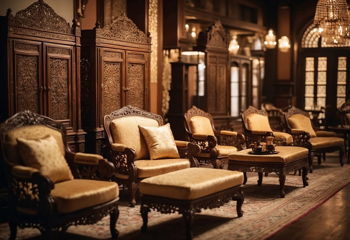A room filled with elegant Chiniot furniture, including intricately carved wooden chairs, tables, and cabinets. The furniture is arranged in a showroom setting, with soft lighting highlighting the craftsmanship