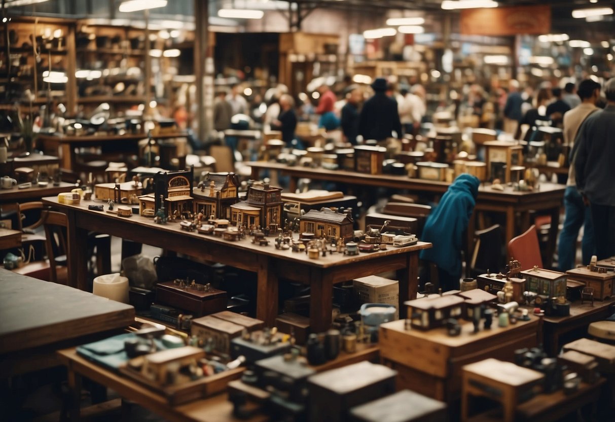 A bustling flea market with rows of tables and shelves displaying various second-hand furniture items for sale. Customers browse through the eclectic selection, while sellers engage in negotiations