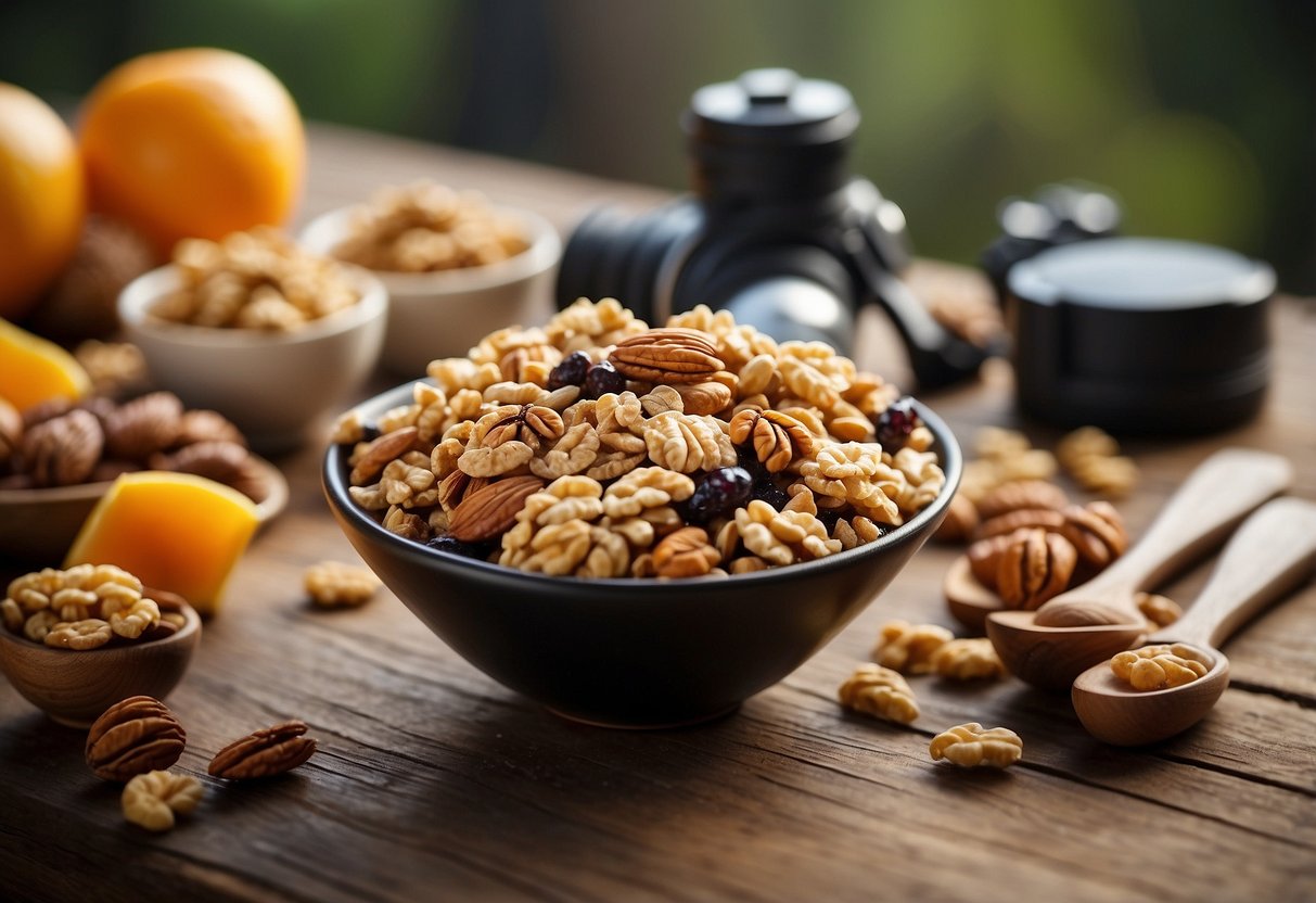 A colorful array of granola clusters, nuts, and dried fruits arranged on a rustic wooden table with diving gear in the background