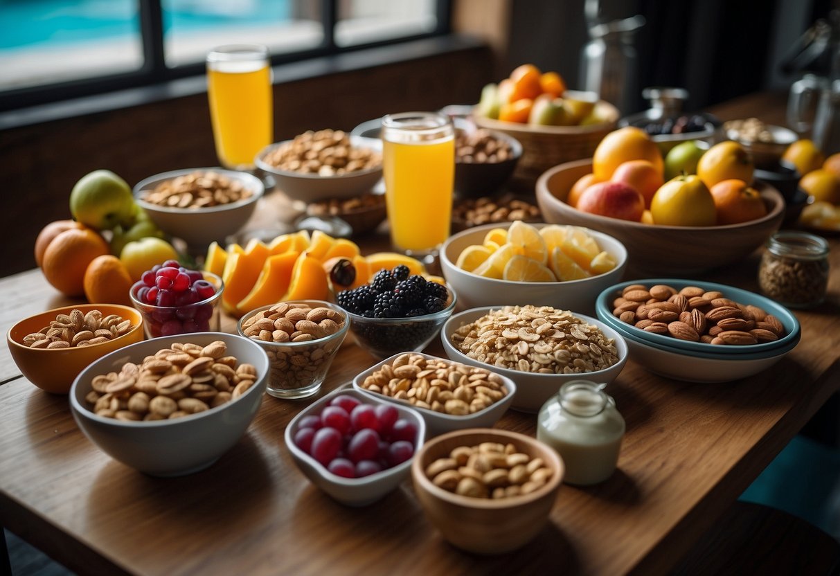 A table spread with an assortment of colorful and appetizing snacks, including fruits, nuts, granola bars, and energy drinks, ready to be packed for a diving trip