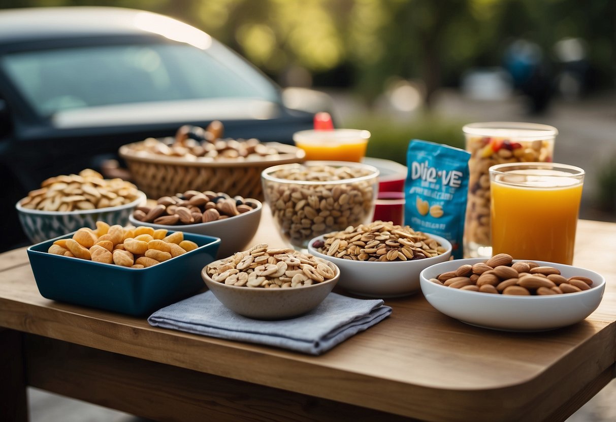 A table is covered with an assortment of snacks: trail mix, granola bars, fruit, and nuts. A cooler sits nearby, filled with cold drinks. Dive gear is neatly organized in the background