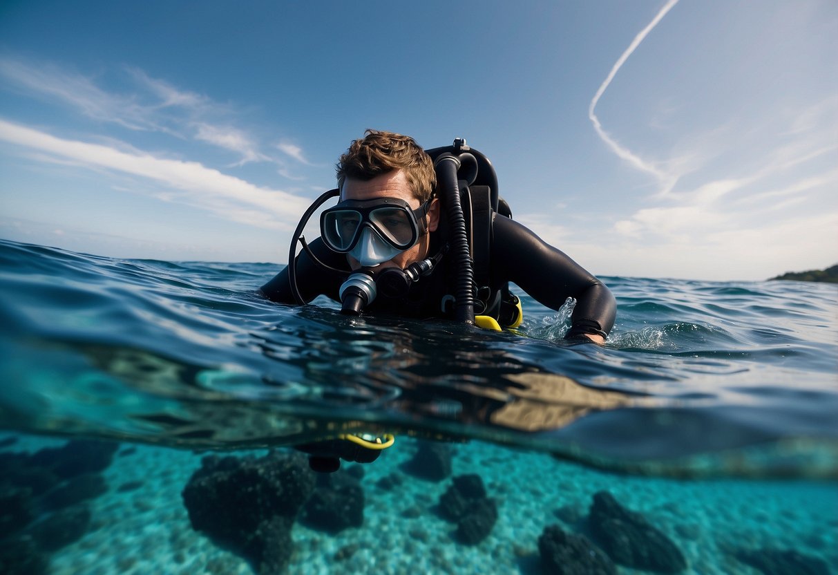 A lone scuba diver carefully checks equipment, monitors air supply, and scans surroundings for potential hazards before descending into the clear, blue ocean depths