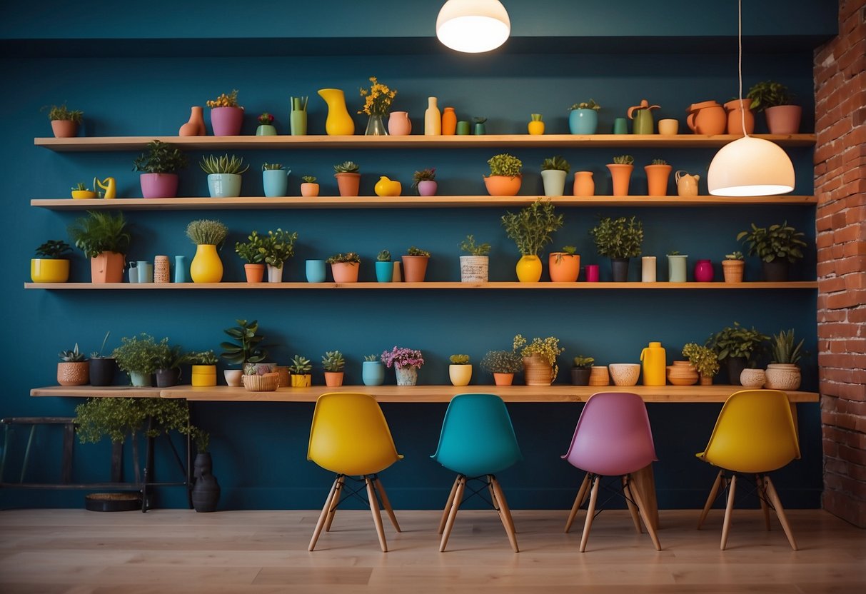 Colorful shelves display tiny chairs and tables. A playful mural decorates the wall. Soft rugs cover the floor