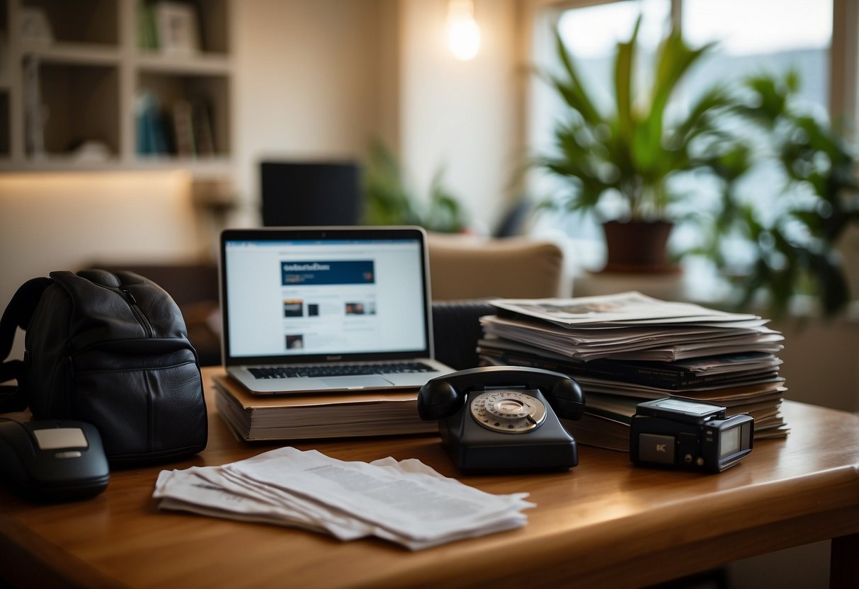 A well-lit room with neatly arranged second-hand furniture, a smartphone and laptop on a table, and a stack of flyers for selling preloved items