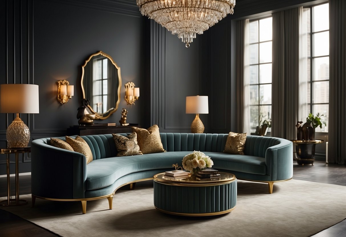 A room filled with Decca's exquisite furniture collections, showcasing elegant designs and luxurious materials. Rich colors and intricate details add a sense of opulence to the space