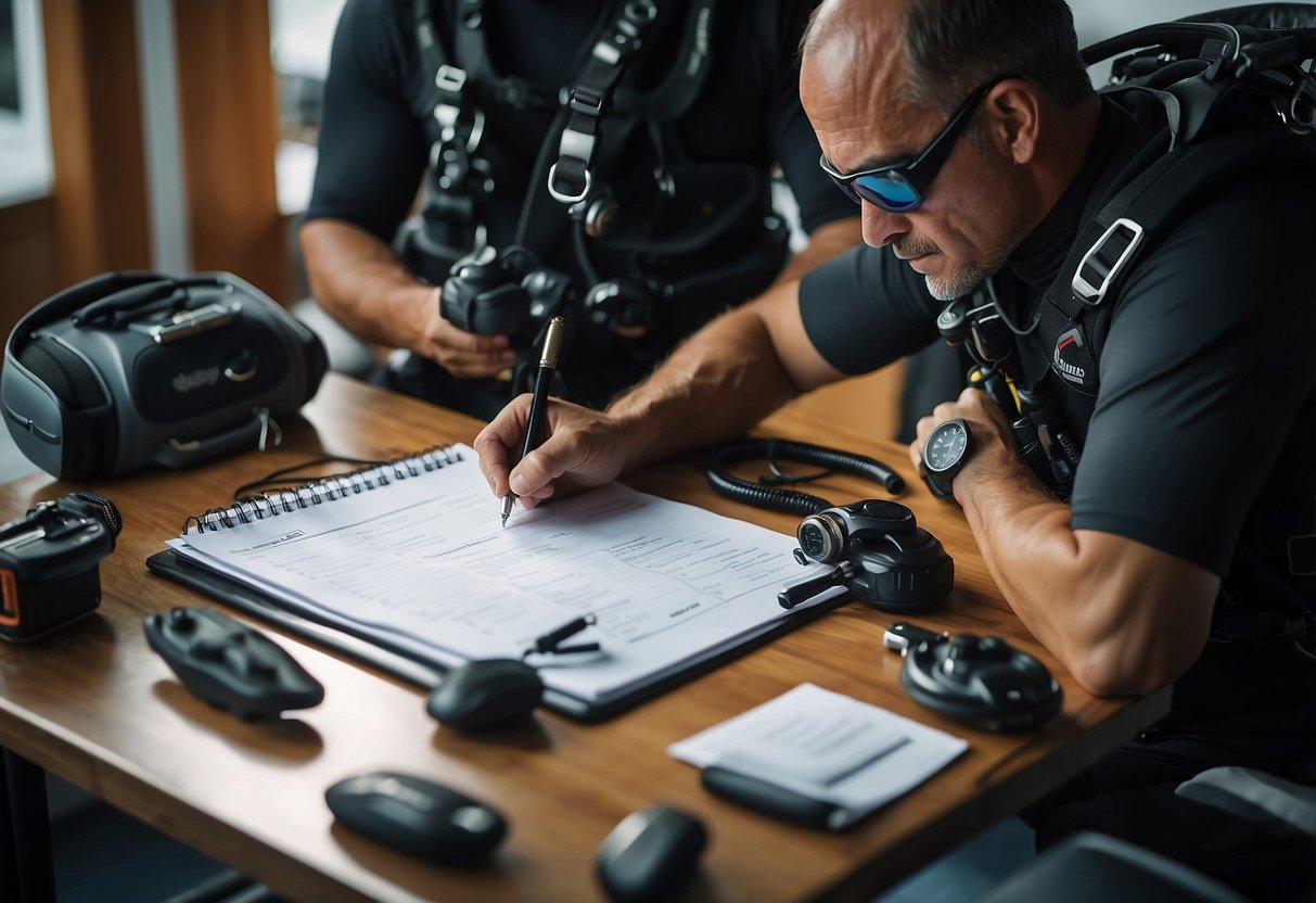 A scuba diver prepares gear and writes out a dive plan on a table, surrounded by safety equipment and a checklist