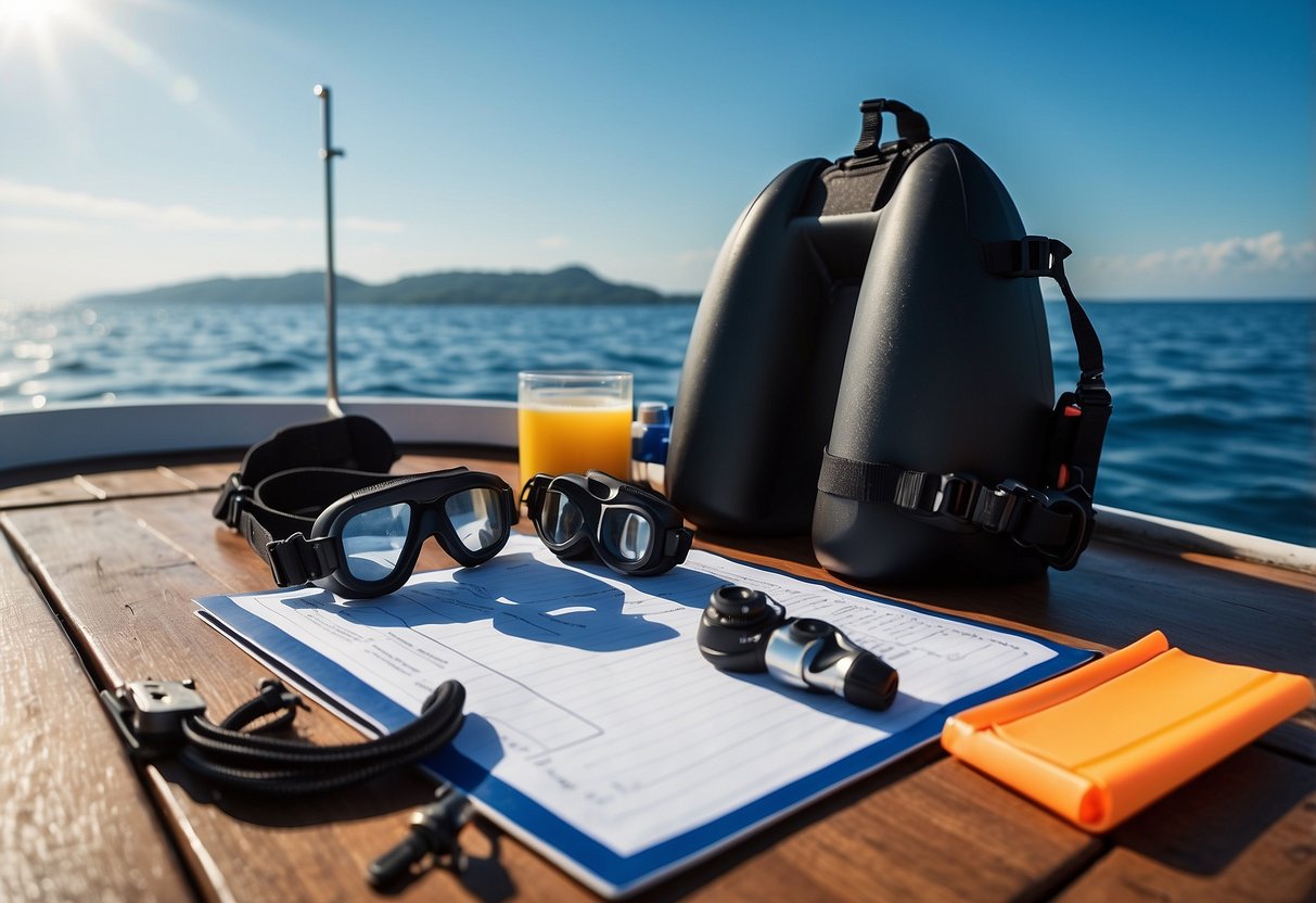 Clear sky, calm sea, scuba gear laid out on a boat deck, safety checklist on a clipboard, and a diving flag flying high