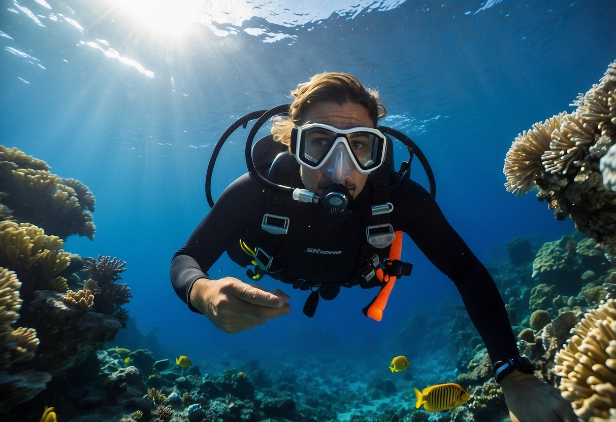 A solo diver descends into the clear blue ocean, surrounded by colorful coral reefs and a variety of marine life. The diver carefully follows depth limits, ensuring a safe and enjoyable underwater experience