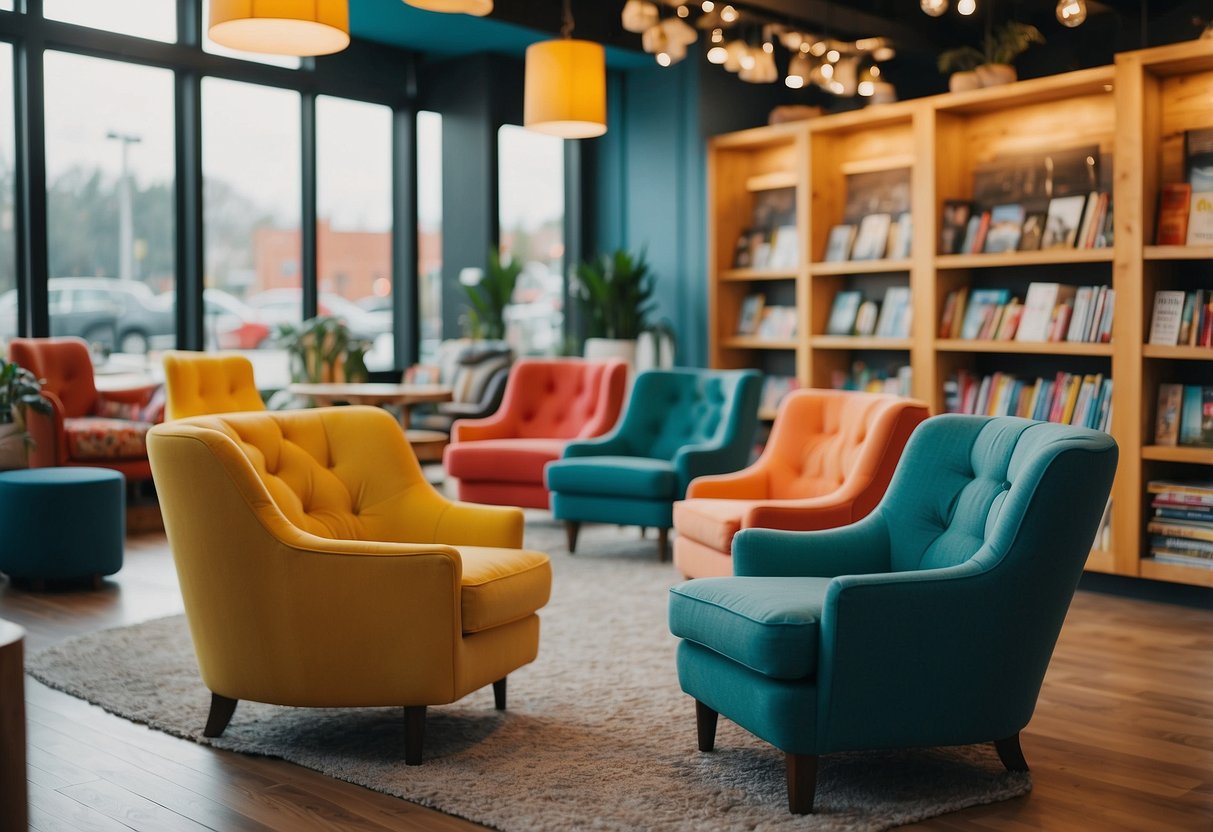 Brightly colored chairs and tables fill the shop. A cozy reading nook with soft cushions and bookshelves invites children to explore