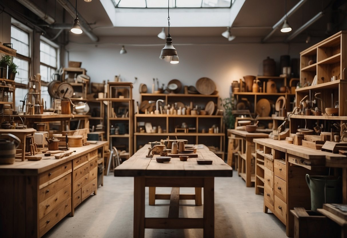 A workshop filled with handcrafted furniture, displayed for sale. Quality and availability are emphasized in the design and craftsmanship of each piece