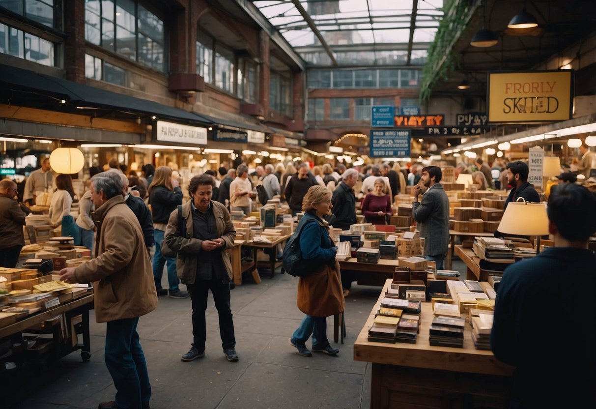 A bustling marketplace with various vendors selling second-hand furniture, customers browsing and asking questions, and a sign prominently displaying "Frequently Asked Questions" about the sales process