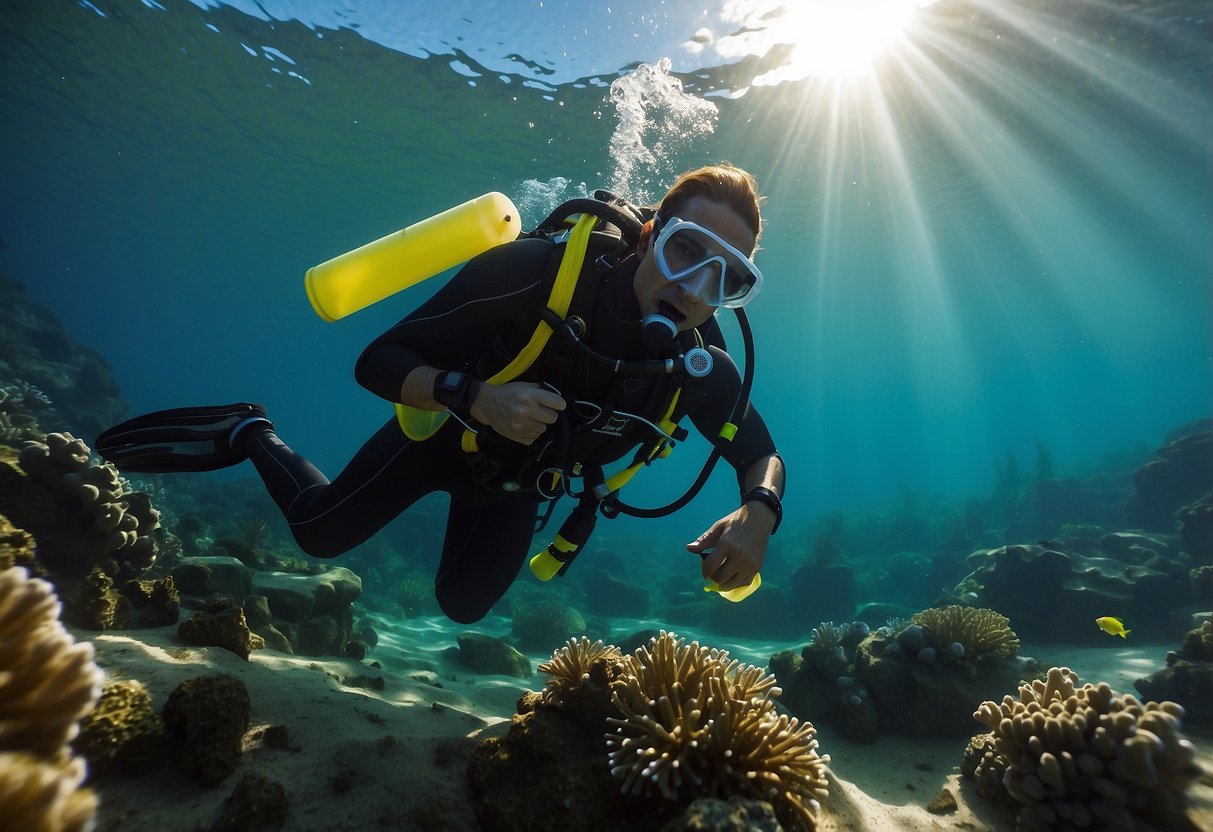 A scuba diver adjusting buoyancy in clear, calm water with a safety checklist in hand. Sunlight filters through the surface, illuminating the underwater landscape