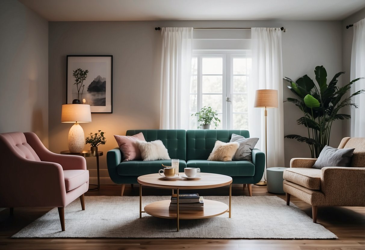 A cozy living room with a plush sofa, elegant coffee table, and stylish armchair, surrounded by soft lighting and colorful accents