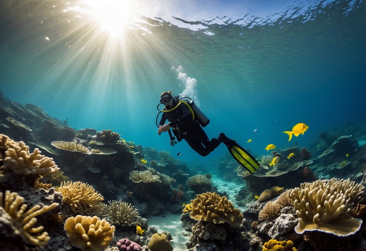 A diver descends into a vibrant reef, following safety guidelines. The clear water reveals colorful fish, coral, and a variety of marine life