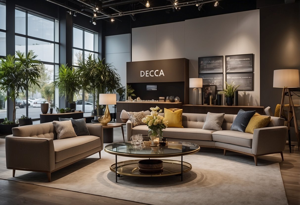 A showroom displaying Decca furniture with a "Frequently Asked Questions" sign. Various pieces are arranged neatly, showcasing the brand's range and quality
