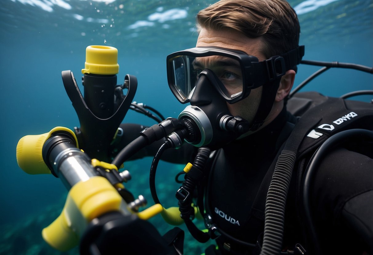 A scuba diver checks equipment, reviews safety procedures, and prepares for a solo dive. The diver ensures proper gear and emergency plans are in place