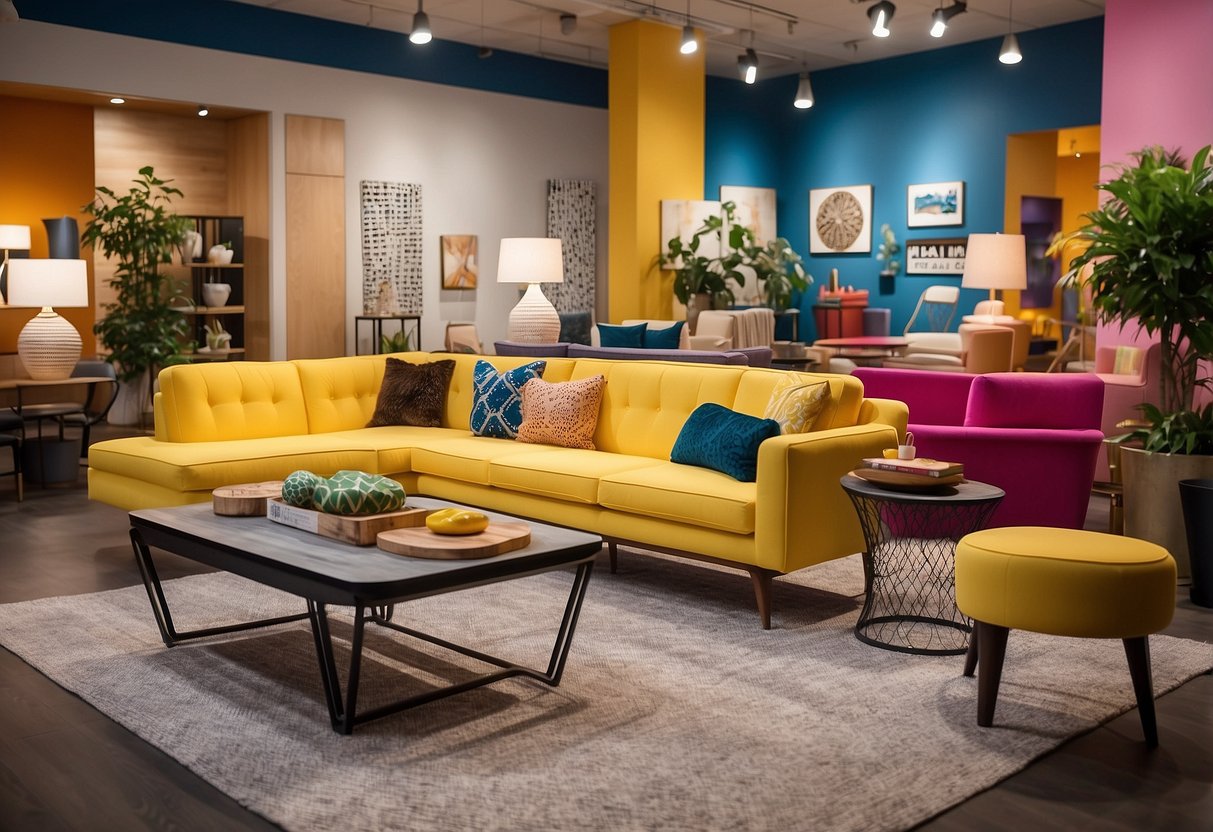 Brightly colored furniture displayed in a spacious, well-lit showroom. Cheerful decor and playful designs create a welcoming atmosphere for young shoppers