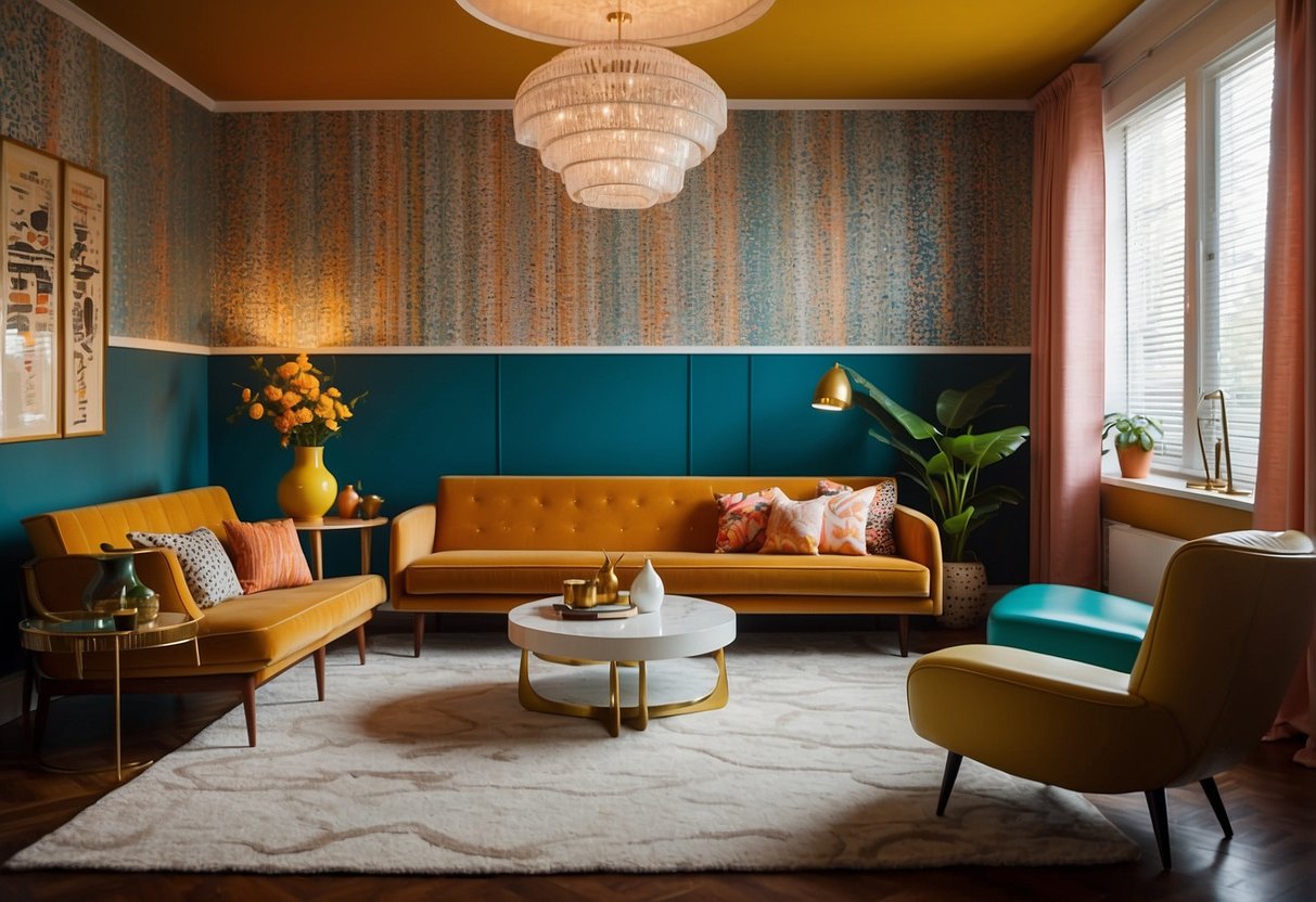 A colorful room with mid-century modern furniture, bold patterns, and retro lighting fixtures. The space exudes a sense of playful sophistication and showcases DelightFULL's unique design philosophy