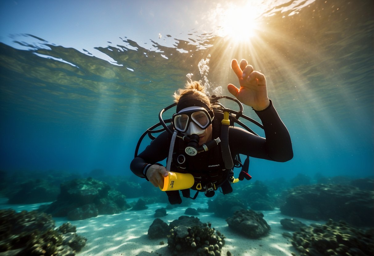 A lone scuba diver checks their oxygen tank and signal equipment before descending into the clear blue water. The sun shines down, casting a warm glow on the ocean floor below