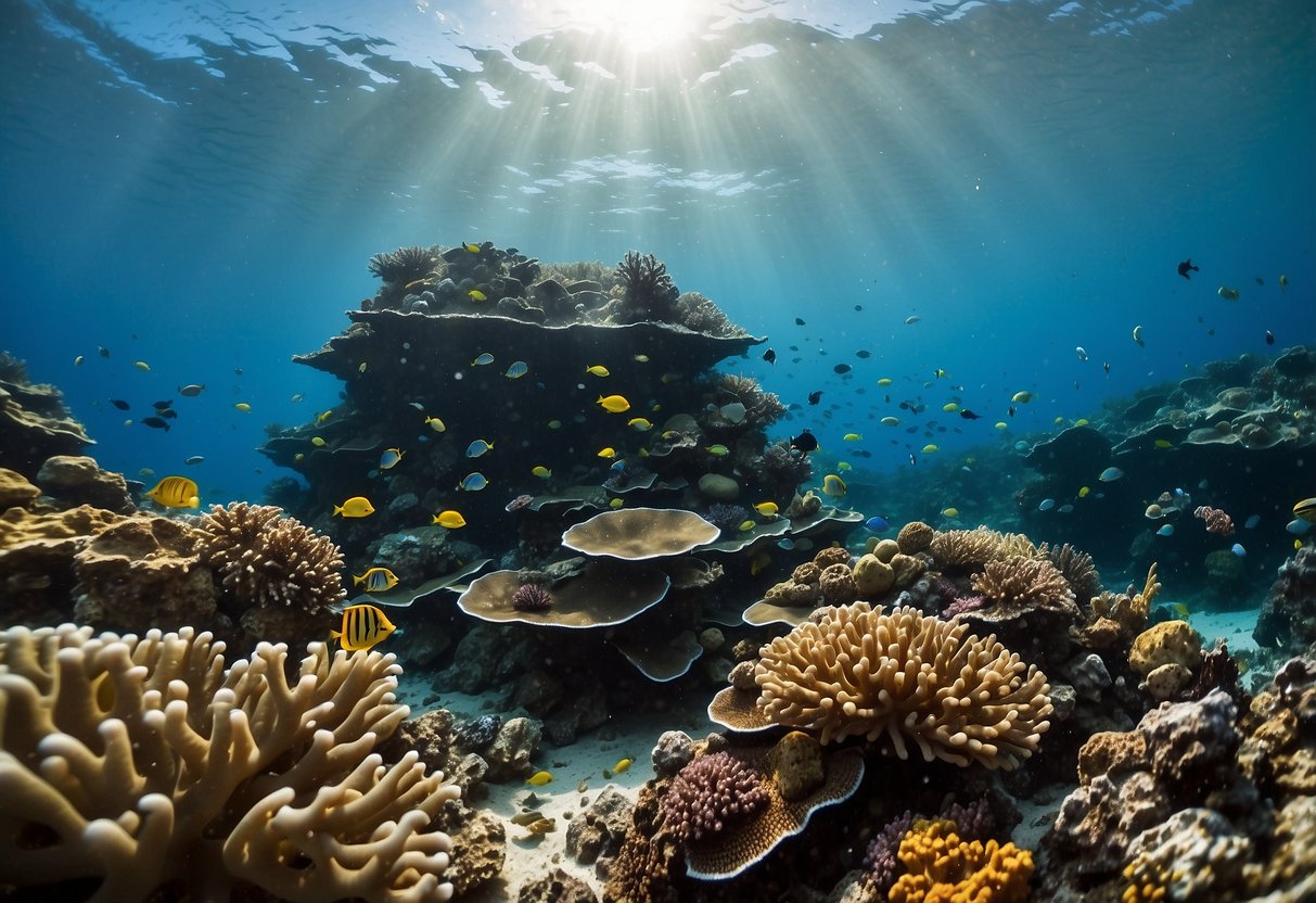 A colorful coral reef teeming with diverse marine life, surrounded by crystal-clear waters. A group of divers respectfully observing the underwater ecosystem, using sustainable diving practices