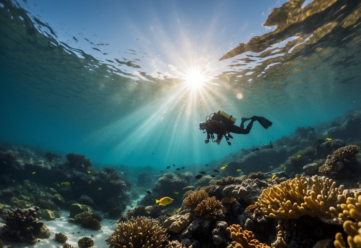 A vibrant coral reef with divers applying reef-safe sunscreen. Eco-friendly dive gear and reusable water bottles are scattered around. Sunlight filters through the clear water, highlighting the colorful marine life