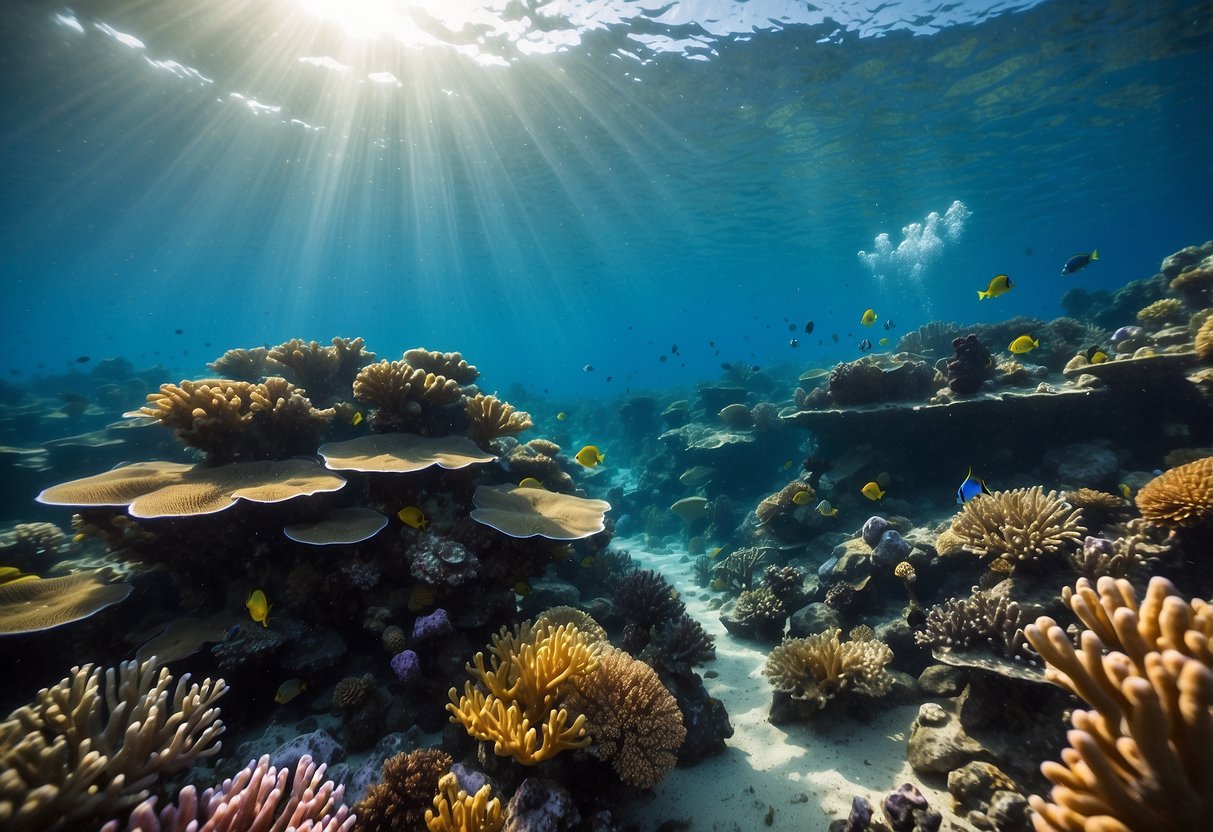 A vibrant coral reef teeming with diverse marine life, surrounded by clear blue waters. Nearby, a group of eco-friendly divers respectfully observe and interact with the underwater ecosystem