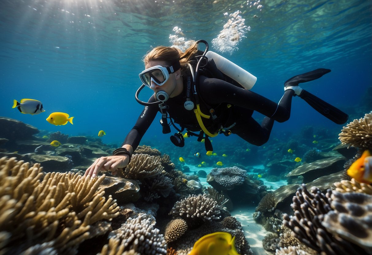 A diver carefully selects eco-friendly gear from a display of sustainable options, surrounded by vibrant marine life and clear blue waters