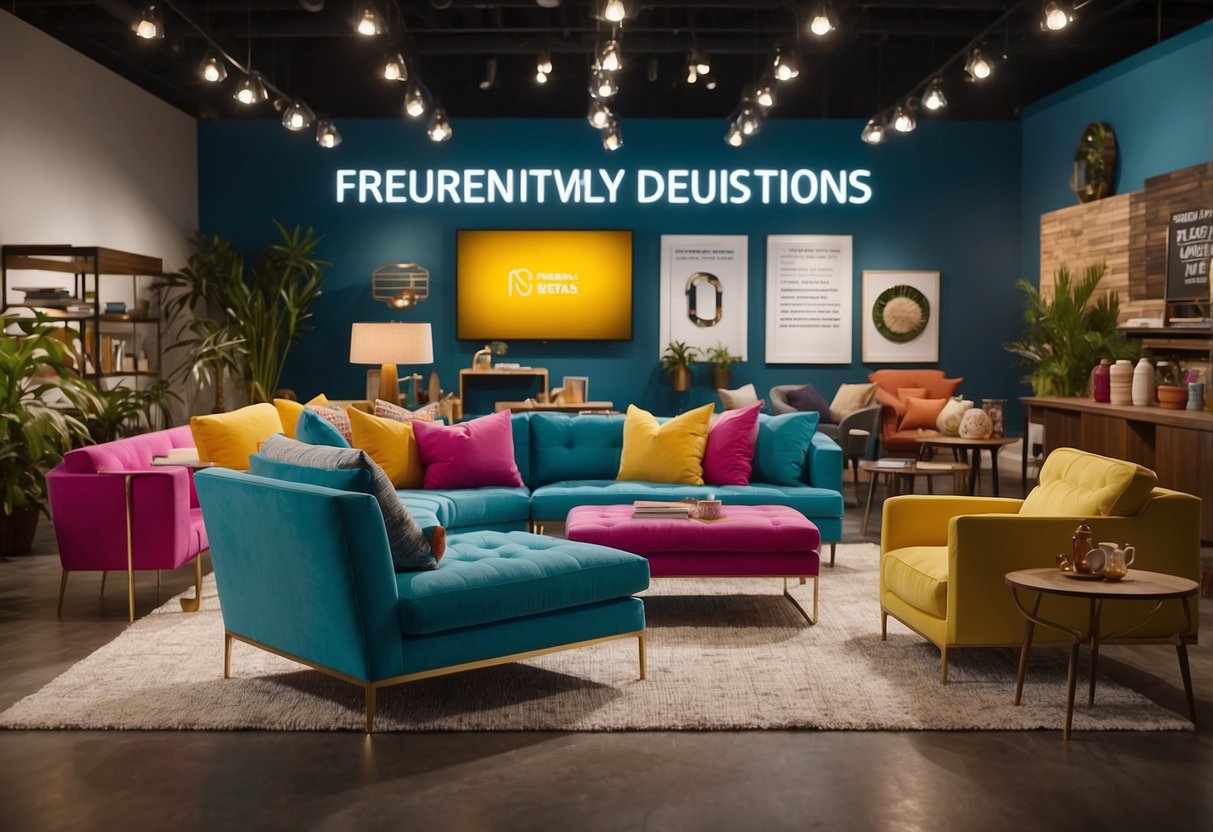 A colorful array of furniture items with a "Frequently Asked Questions" sign displayed prominently. Customers browsing and interacting with the furniture