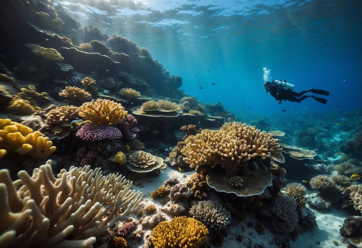 A colorful coral reef teeming with diverse marine life, surrounded by clear blue waters. A diver swims respectfully, leaving no trace of their presence