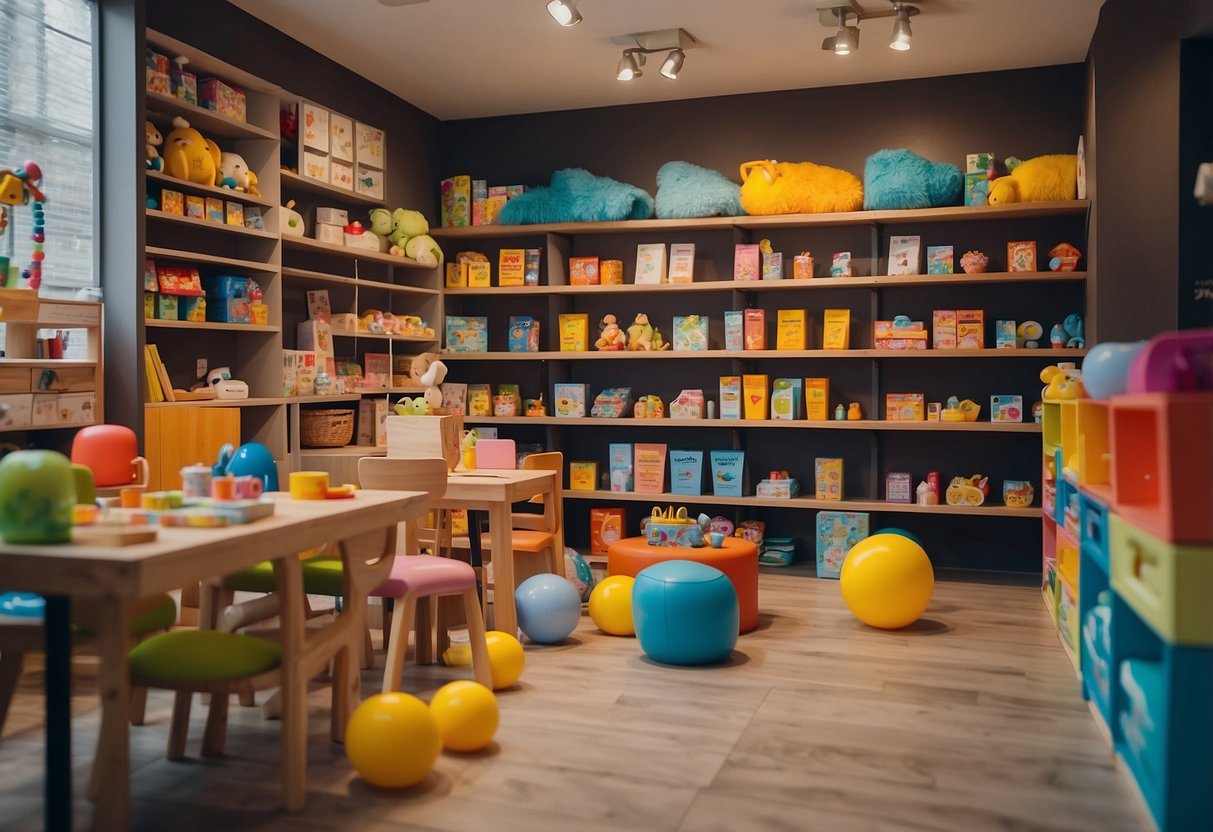 A colorful, inviting children's furniture shop with shelves of neatly organized products, a play area with toys, and a friendly staff assisting customers