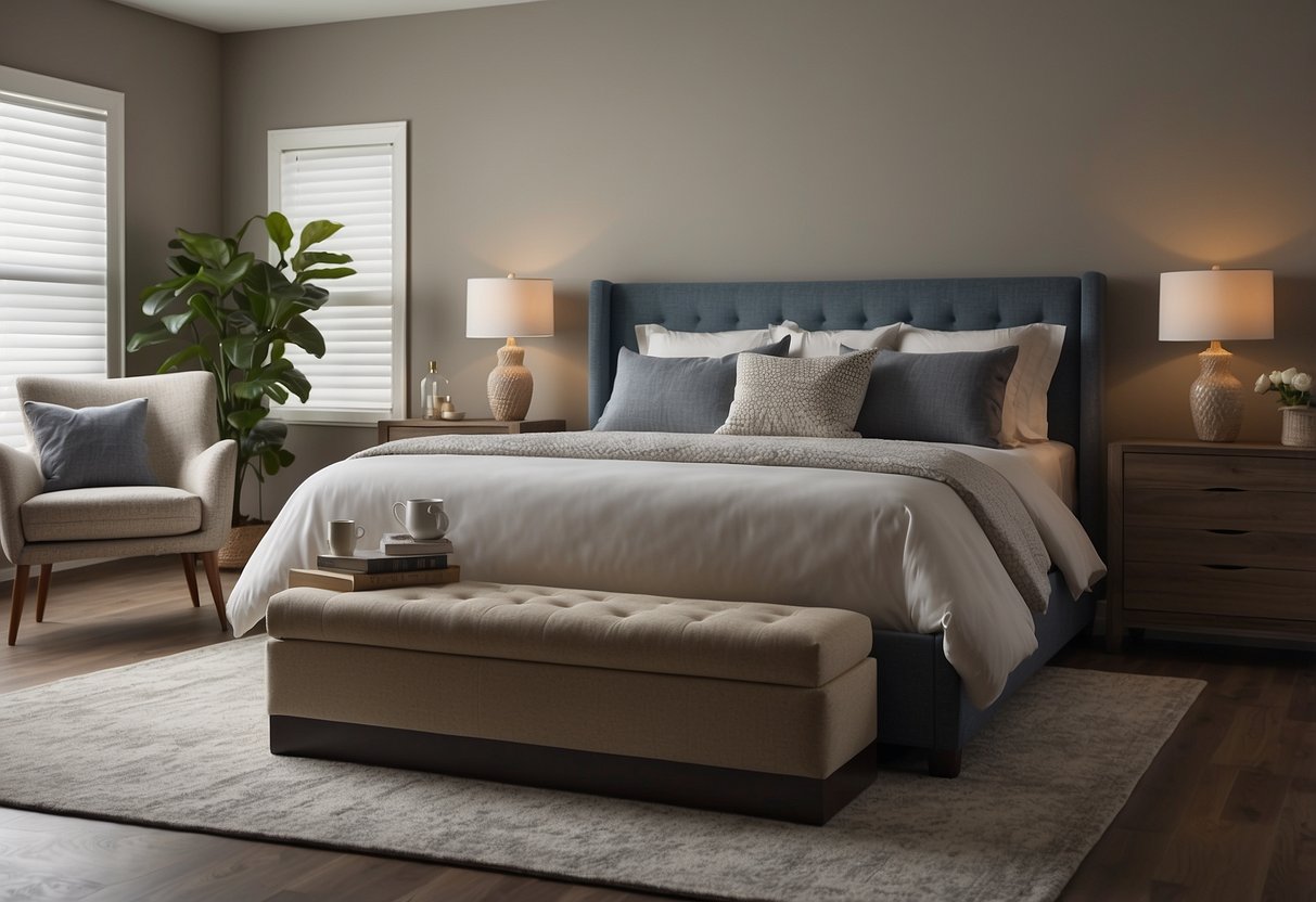 A bed is centered against the back wall. A nightstand is placed on each side. A dresser is positioned opposite the bed. A chair is in the corner